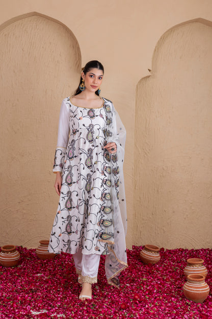 WHITE AND BLACK MULTICOLORED EMBROIDERED SUIT SET