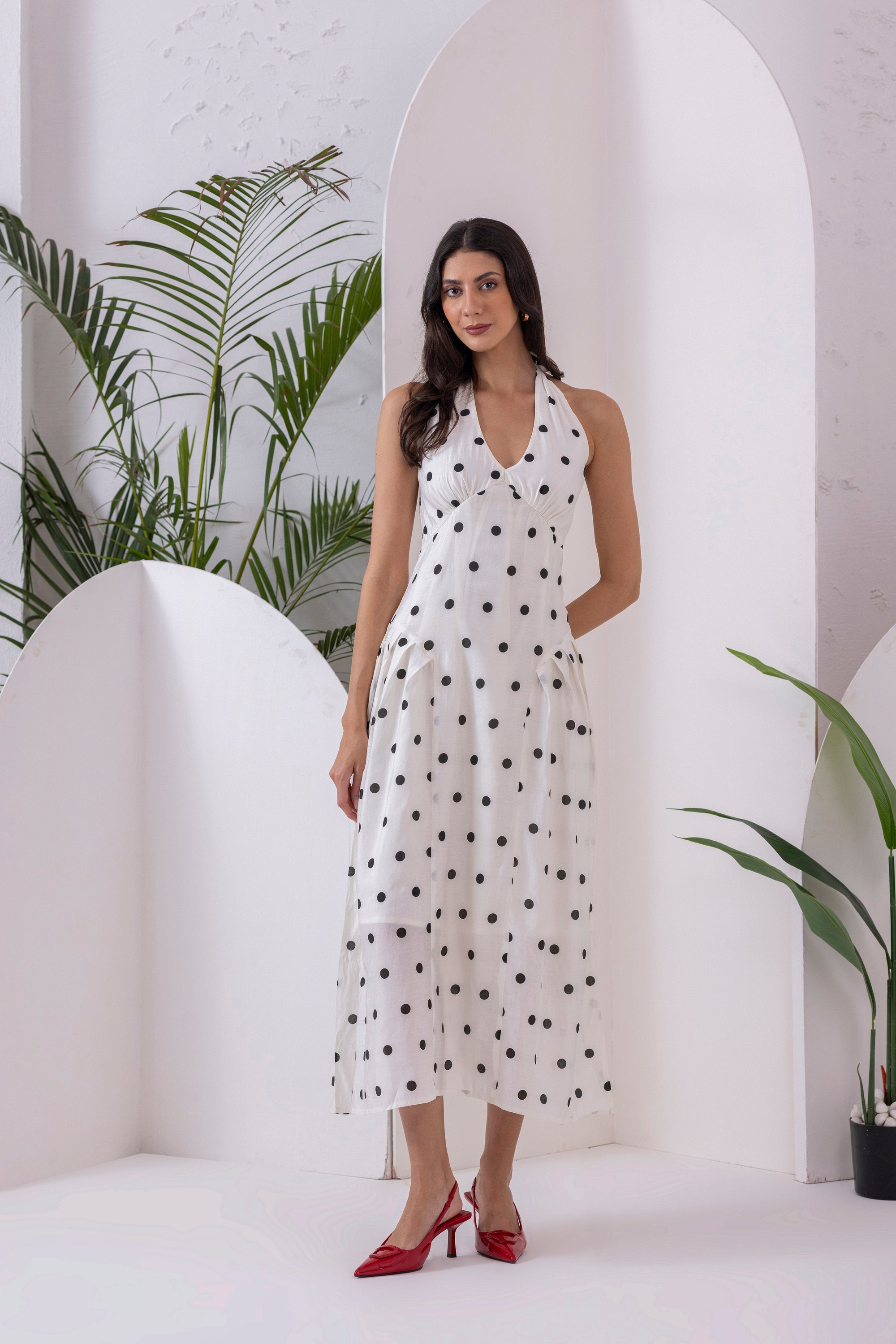 ワンピース Polka Dot Side Bow Pleated Dress/white White Polka Dot Midi Dress – Sewandyou