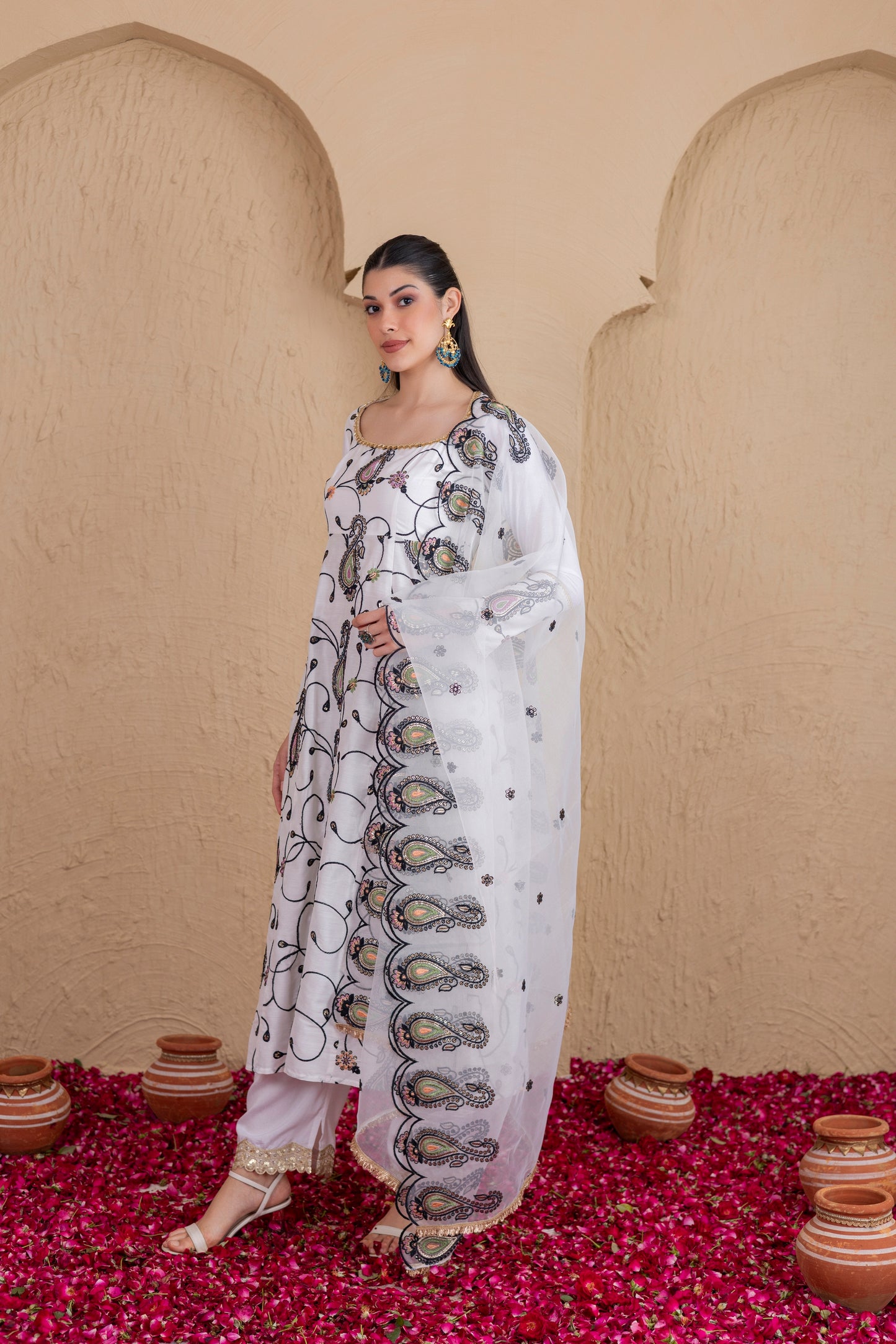 WHITE AND BLACK MULTICOLORED EMBROIDERED SUIT SET