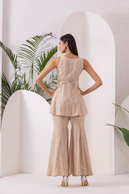 CREAM SEQUENCE EMBROIDERED FUSION SET WITH BELT