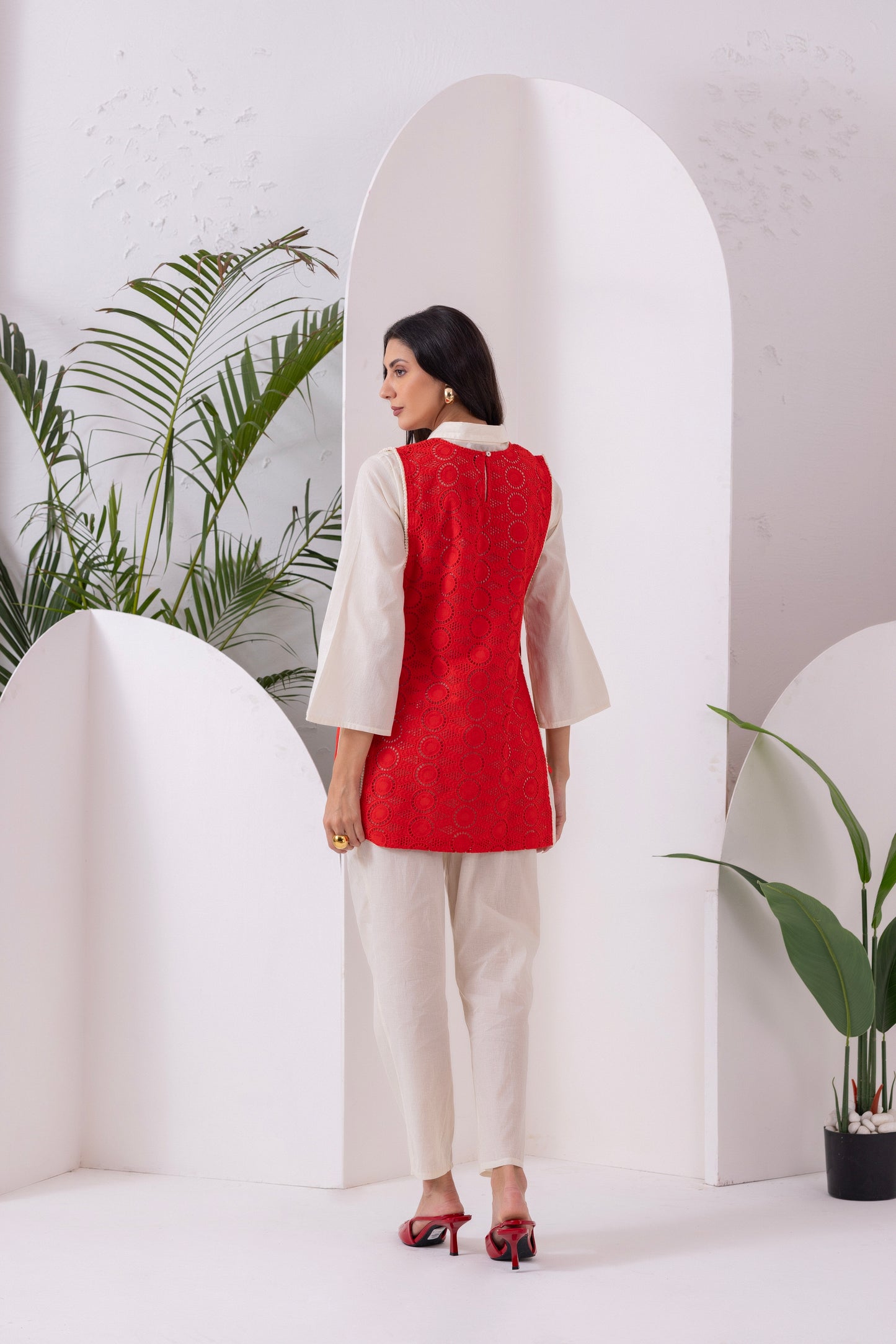 Cream And Red Embroidered Jacket Set