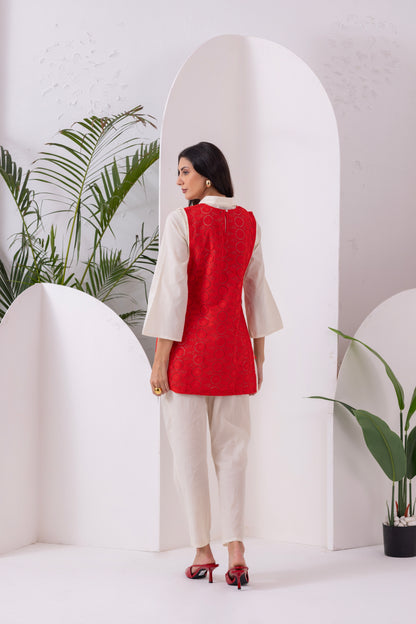 Cream And Red Embroidered Jacket Set