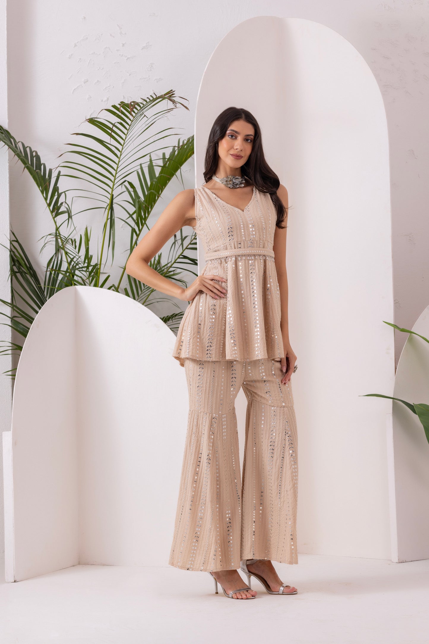 CREAM SEQUENCE EMBROIDERED FUSION SET WITH BELT