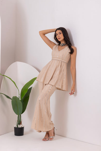 CREAM SEQUENCE EMBROIDERED FUSION SET WITH BELT