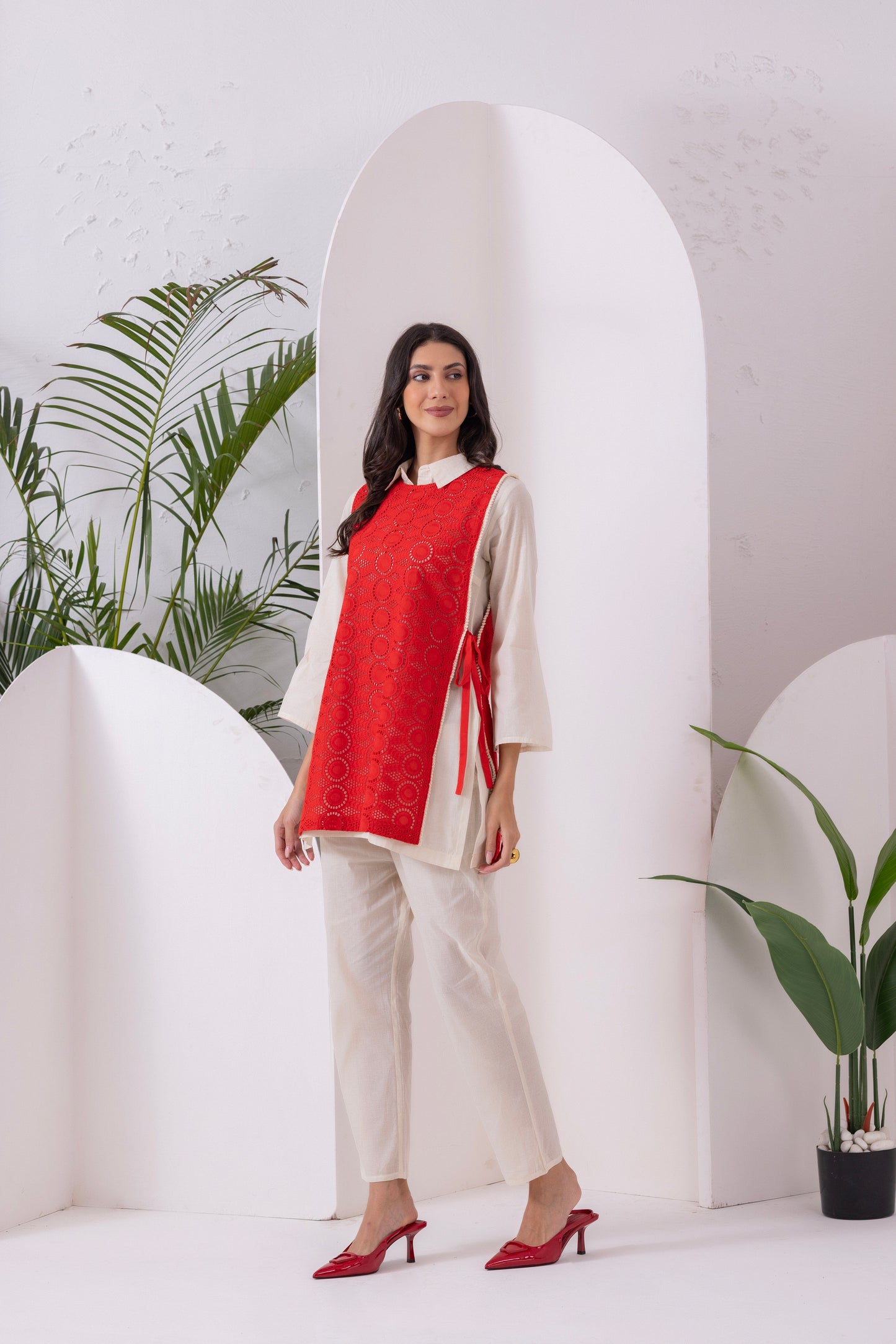 Cream And Red Embroidered Jacket Set