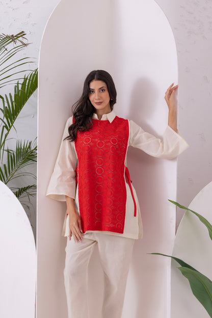 Cream And Red Embroidered Jacket Set