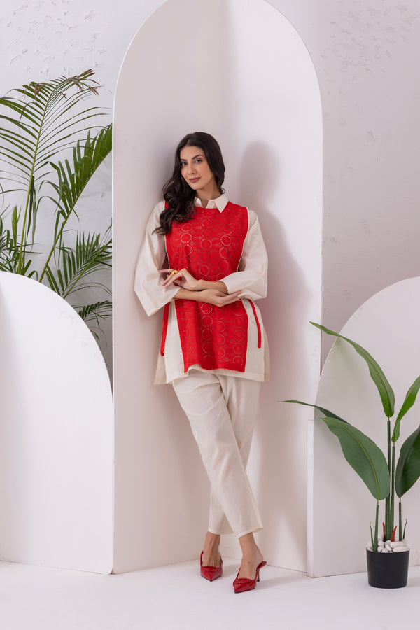 Cream And Red Embroidered Jacket Set