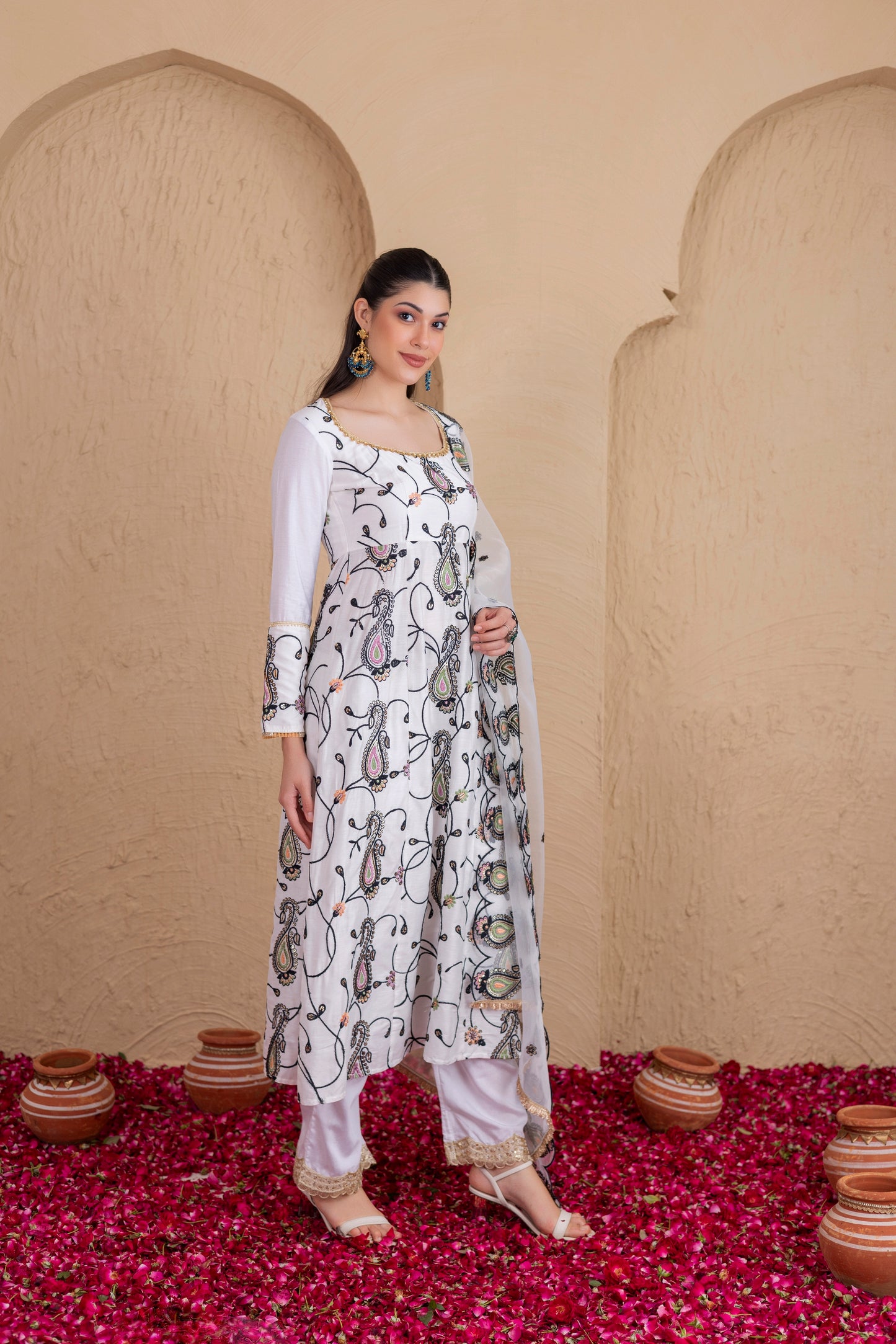 WHITE AND BLACK MULTICOLORED EMBROIDERED SUIT SET