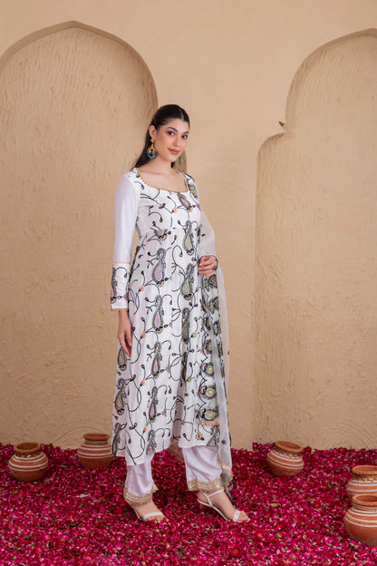 WHITE AND BLACK MULTICOLORED EMBROIDERED SUIT SET