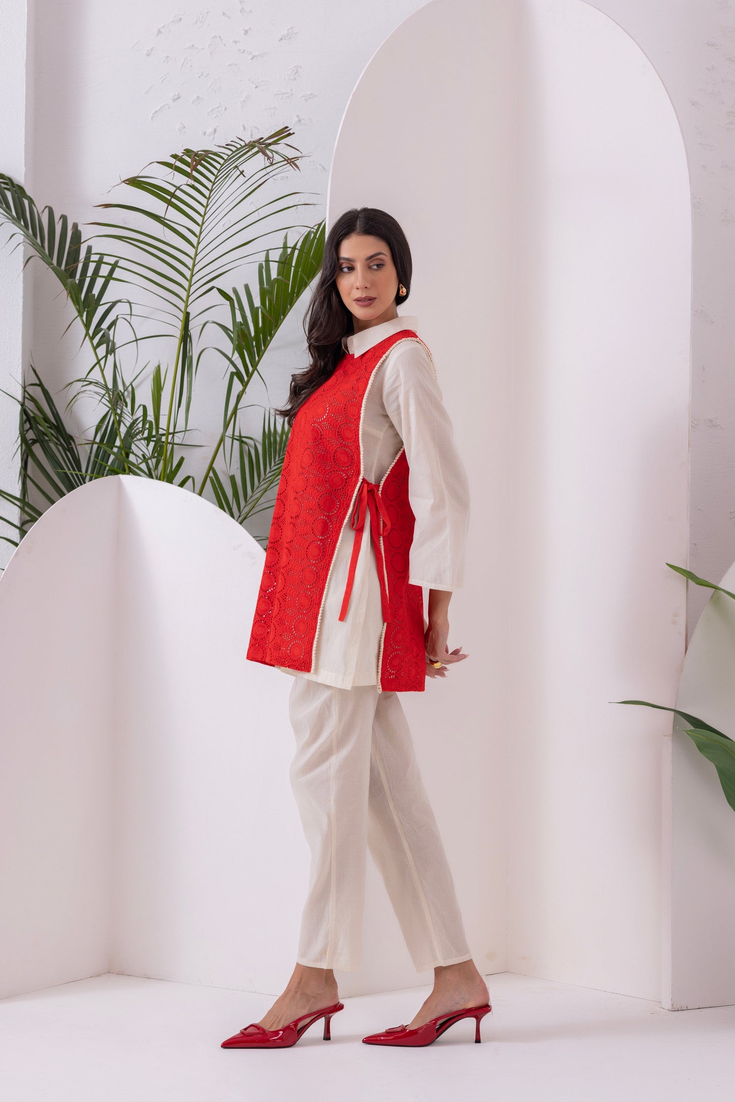 Cream And Red Embroidered Jacket Set