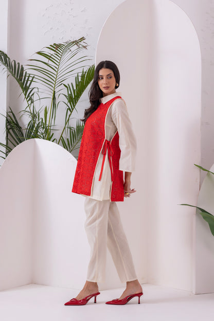 Cream And Red Embroidered Jacket Set