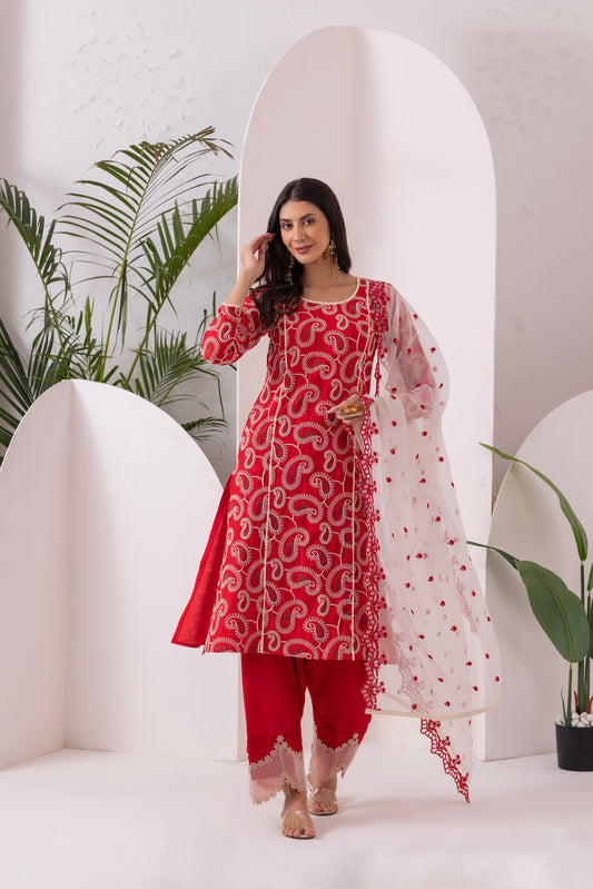 Red Paisley Embroidered Straight Suit Set