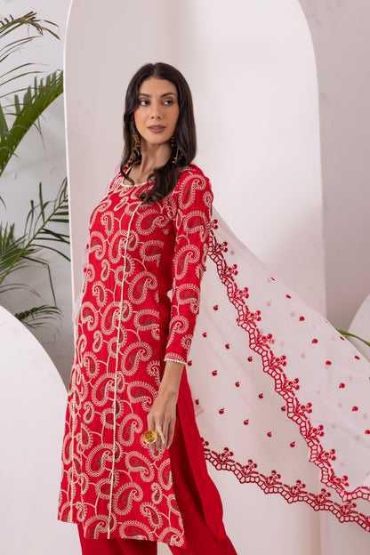 Red Paisley Embroidered Straight Suit Set