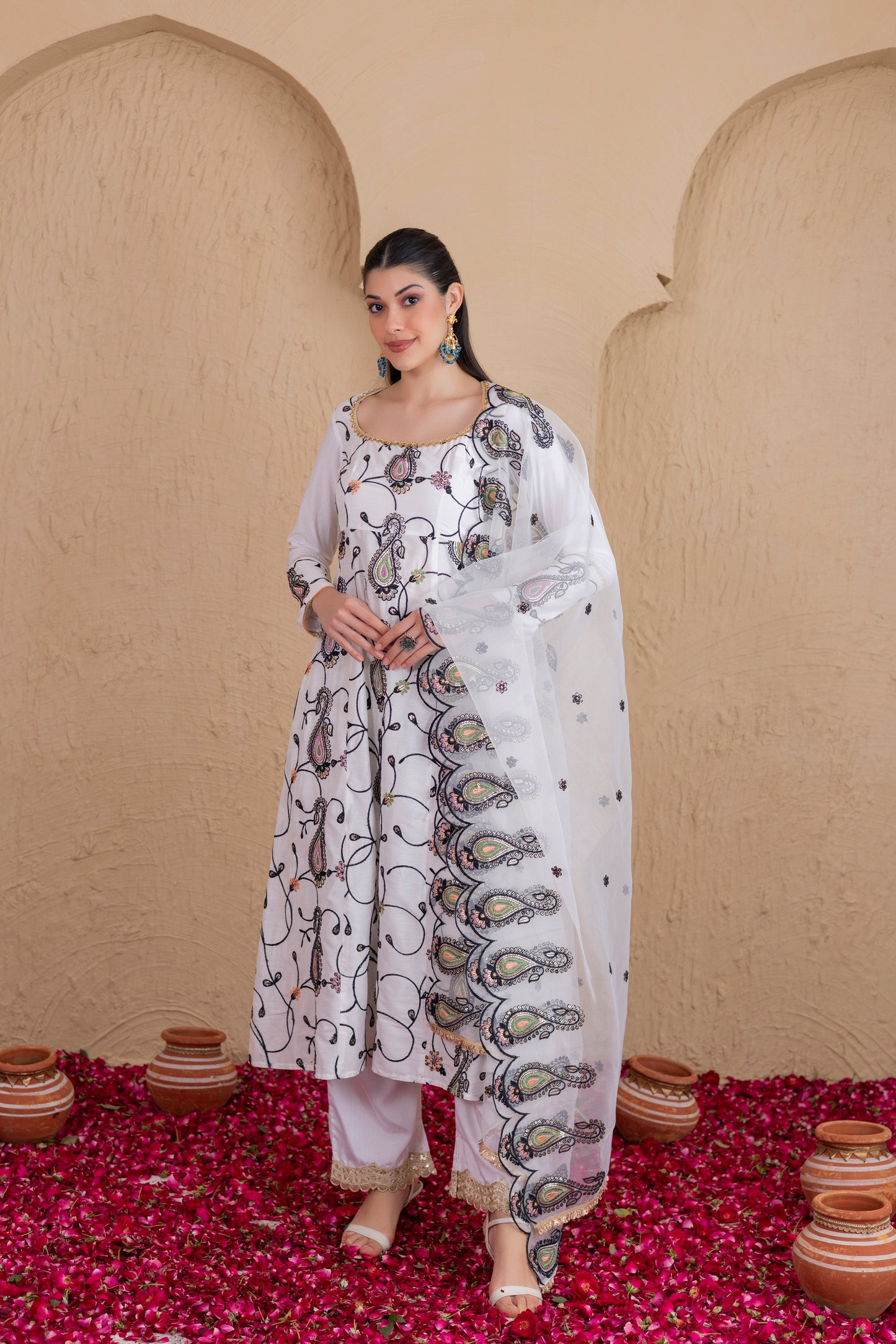 WHITE AND BLACK MULTICOLORED EMBROIDERED SUIT SET