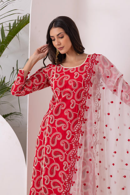 Red Paisley Embroidered Straight Suit Set