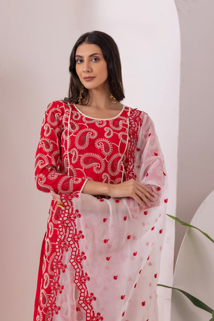 Red Paisley Embroidered Straight Suit Set