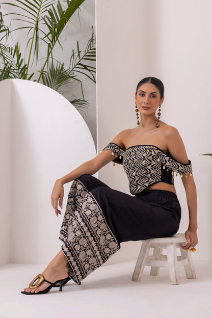 BLACK AND GOLD CORSET WITH WIDE EMBROIDERD PLAZZO FUSION SET