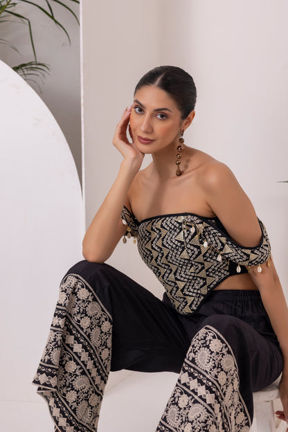 BLACK AND GOLD CORSET WITH WIDE EMBROIDERD PLAZZO FUSION SET