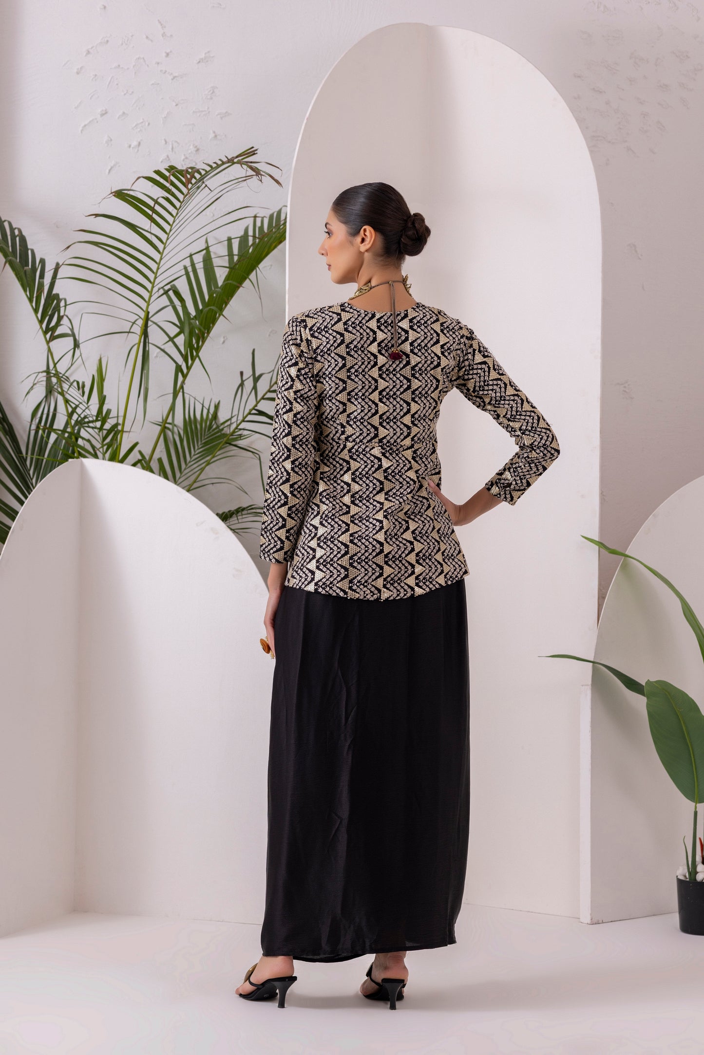 Black Midnight Gold Drape Dhoti Skirt Fusion Set