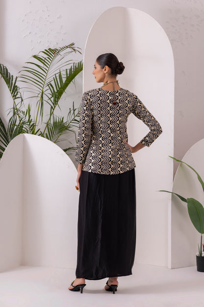 Black Midnight Gold Drape Dhoti Skirt Fusion Set