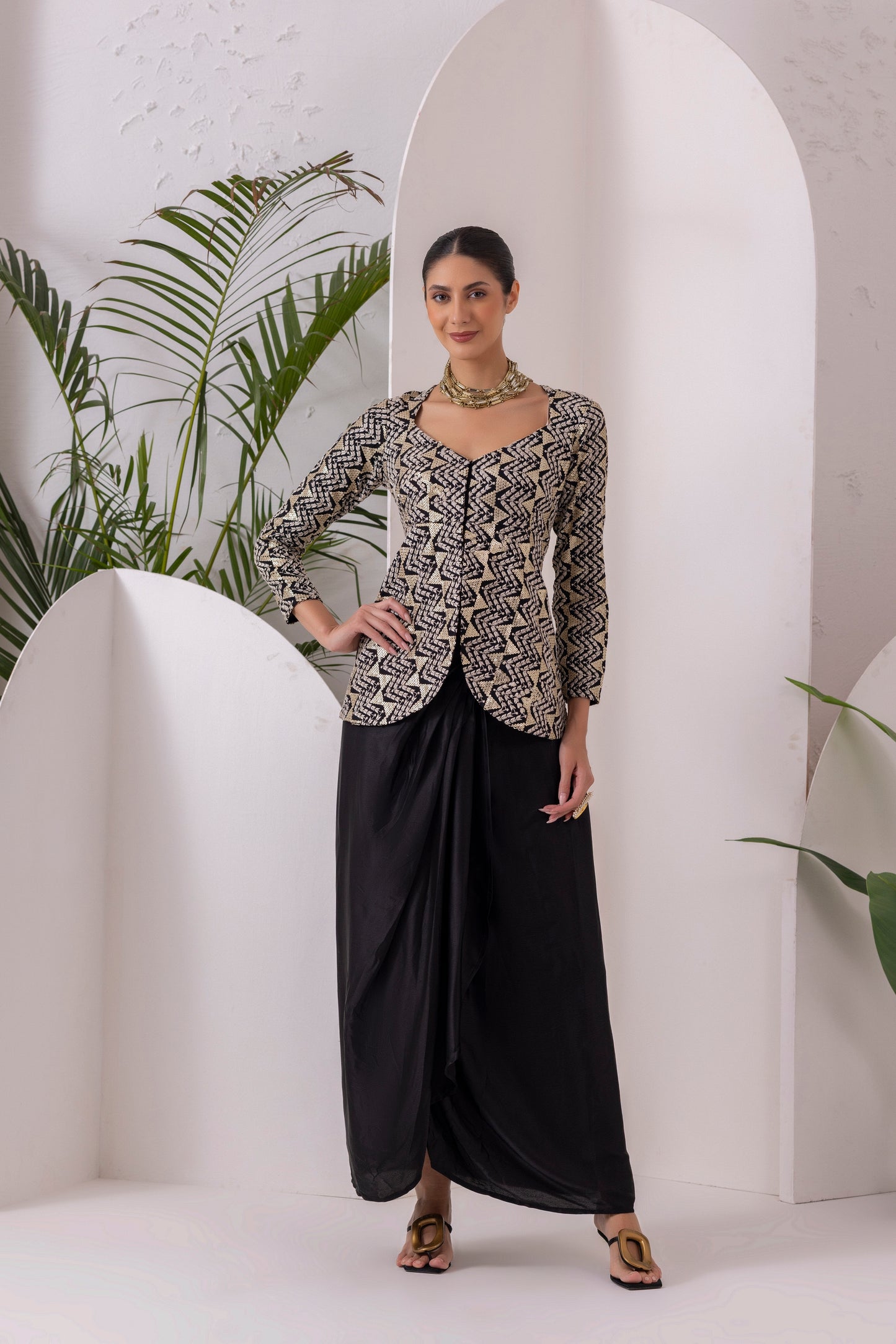 Black Midnight Gold Drape Dhoti Skirt Fusion Set