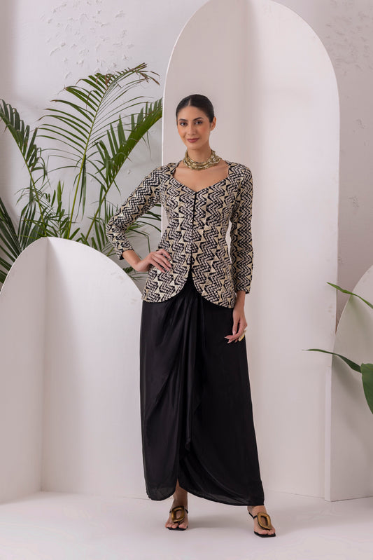 Black Midnight Gold Drape Dhoti Skirt Fusion Set