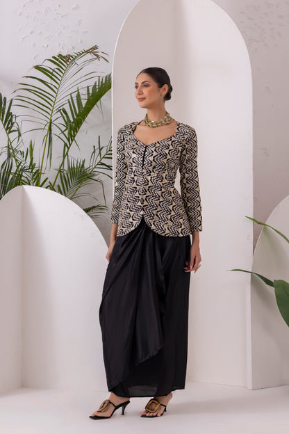 Black Midnight Gold Drape Dhoti Skirt Fusion Set