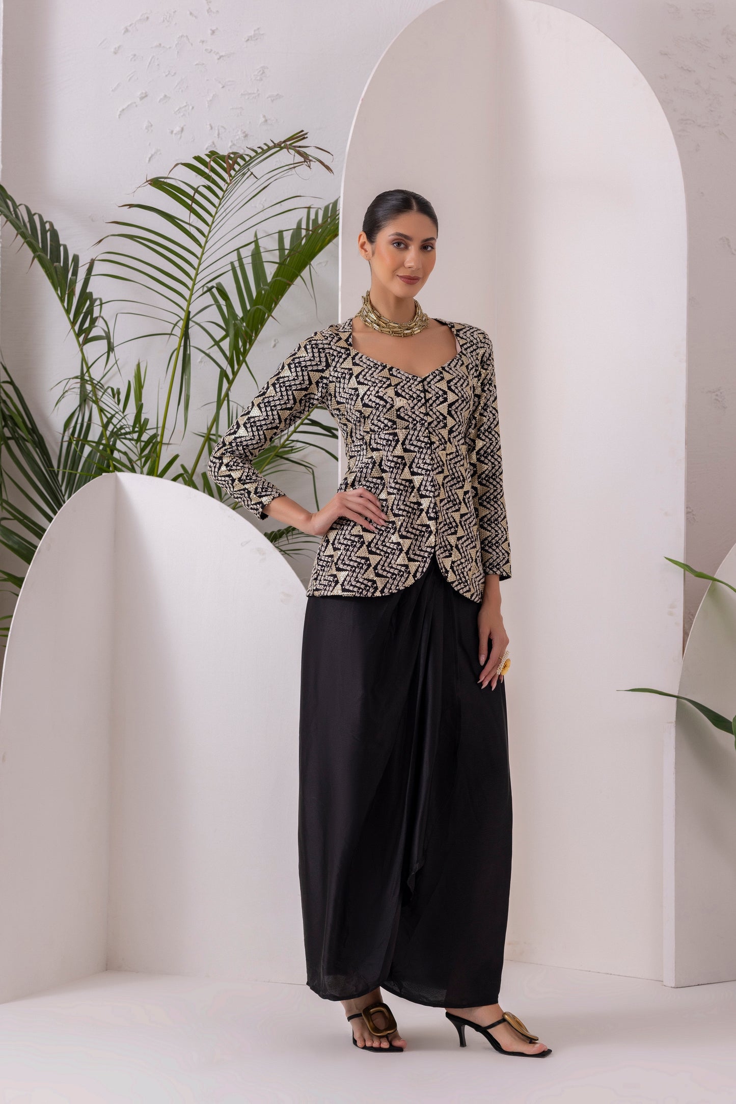 Black Midnight Gold Drape Dhoti Skirt Fusion Set