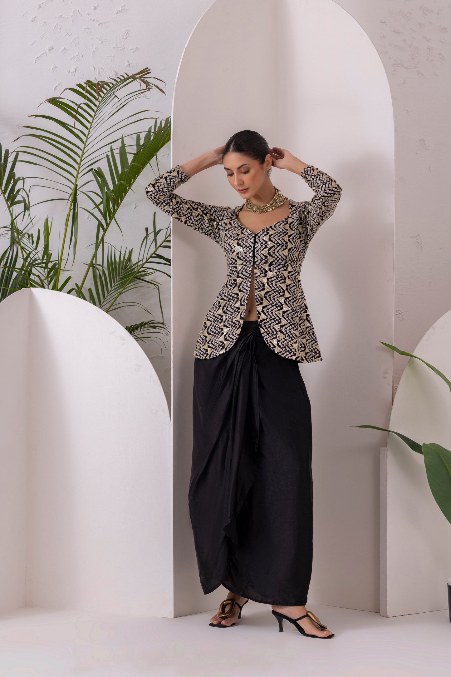 Black Midnight Gold Drape Dhoti Skirt Fusion Set