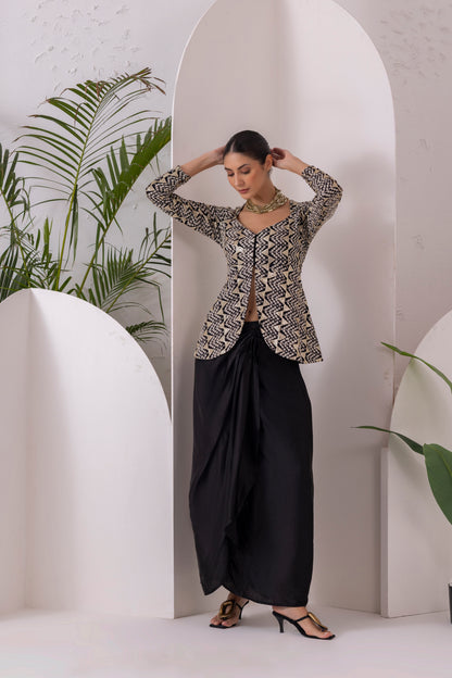 Black Midnight Gold Drape Dhoti Skirt Fusion Set