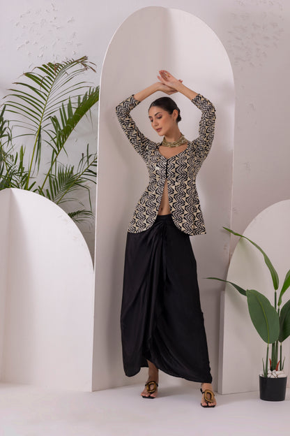 Black Midnight Gold Drape Dhoti Skirt Fusion Set