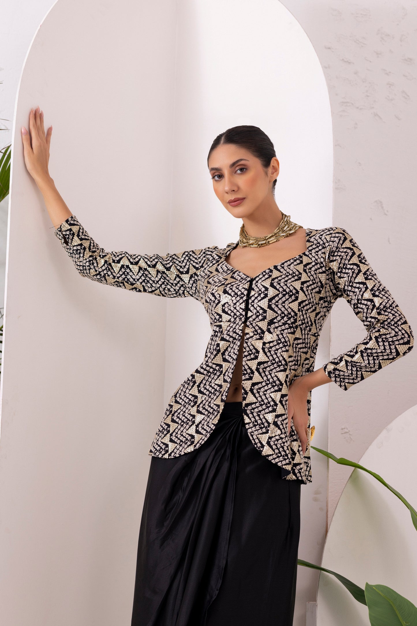 Black Midnight Gold Drape Dhoti Skirt Fusion Set