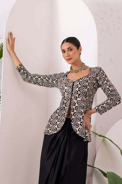 Black Midnight Gold Drape Dhoti Skirt Fusion Set