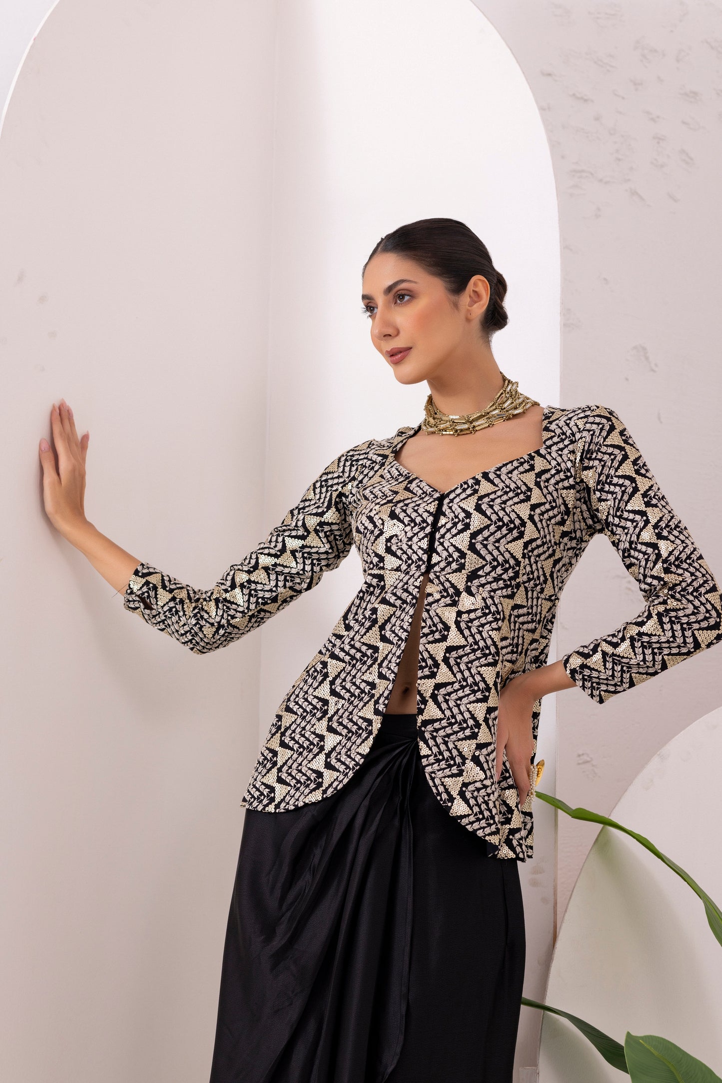 Black Midnight Gold Drape Dhoti Skirt Fusion Set