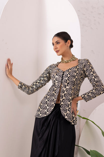 Black Midnight Gold Drape Dhoti Skirt Fusion Set