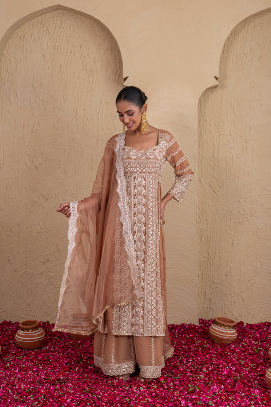 Brown Beige Gold Sequence Embroidered Flared Suit Set
