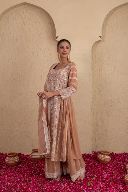 Brown Beige Gold Sequence Embroidered Flared Suit Set