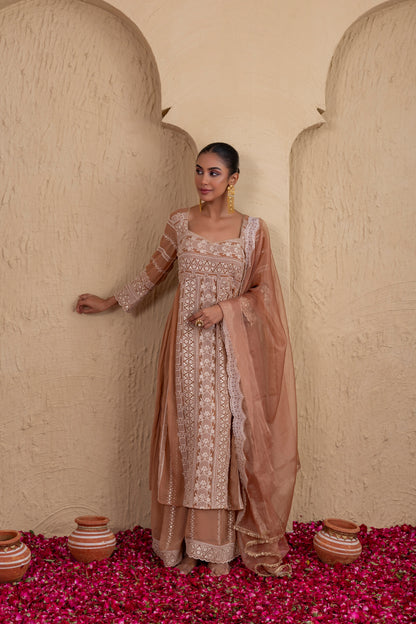 Brown Beige Gold Sequence Embroidered Flared Suit Set