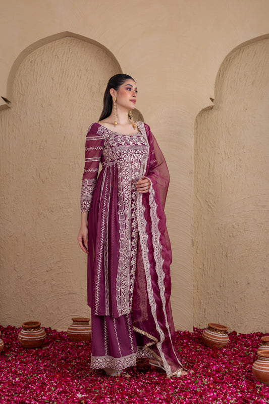 DEEP PLUM GOLD SEQUENCE FLARED SUIT SET