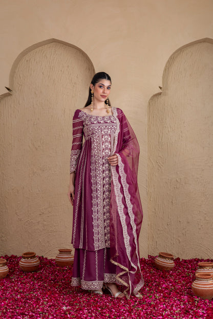 DEEP PLUM GOLD SEQUENCE FLARED SUIT SET
