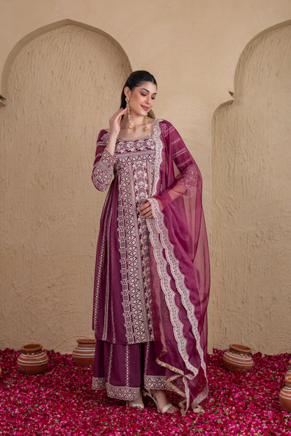 DEEP PLUM GOLD SEQUENCE FLARED SUIT SET