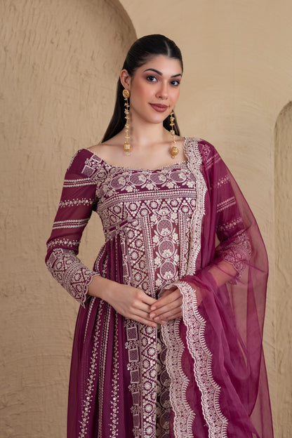 DEEP PLUM GOLD SEQUENCE FLARED SUIT SET