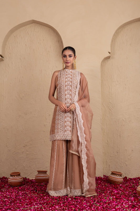 Caramel and Cream Gold Sequence Halter Suit Set
