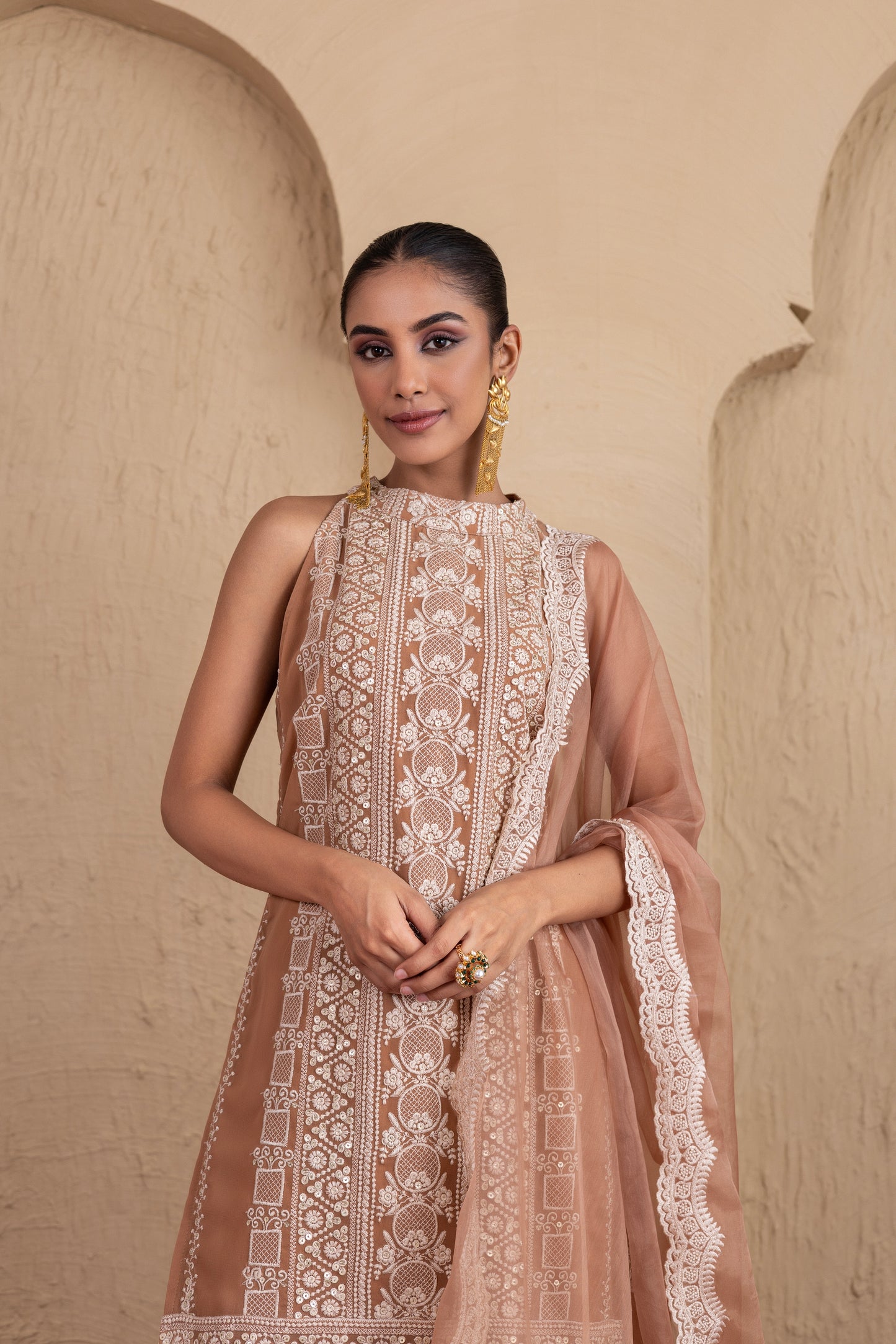 Caramel and Cream Gold Sequence Halter Suit Set