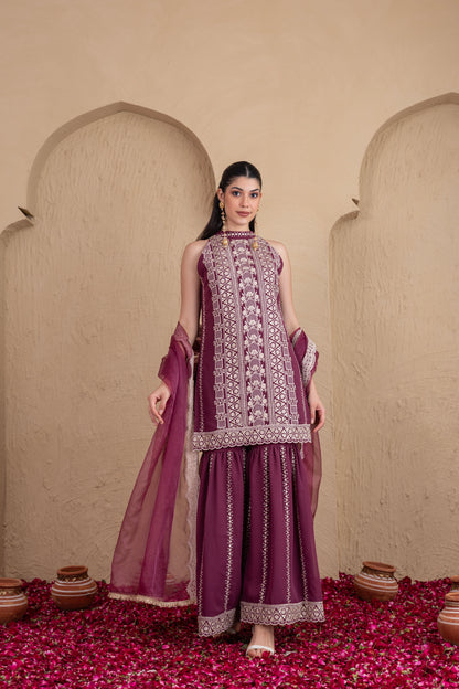 DEEP PLUM GOLD SEQUENCE HALTER SUIT SET