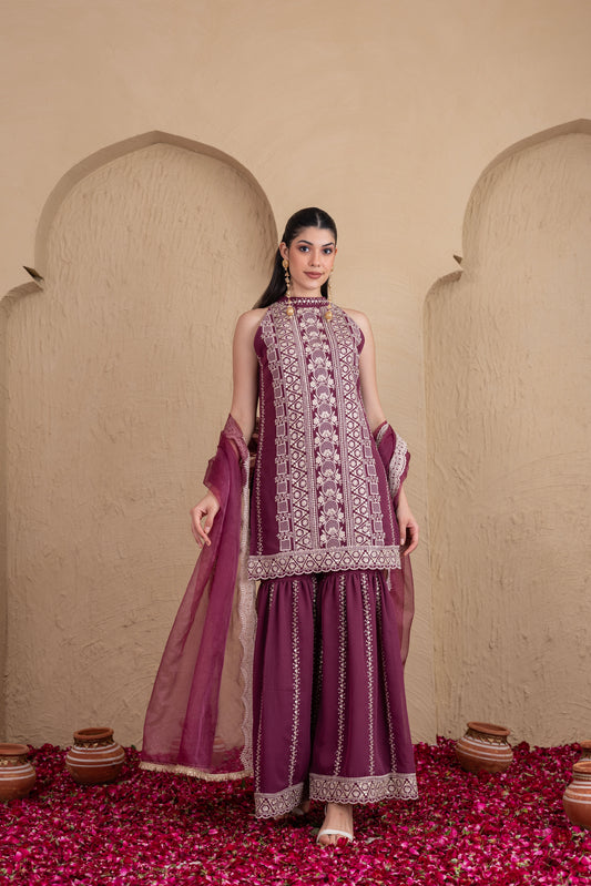DEEP PLUM GOLD SEQUENCE HALTER SUIT SET