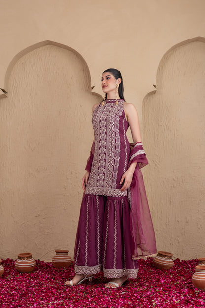 DEEP PLUM GOLD SEQUENCE HALTER SUIT SET