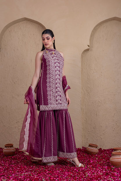 DEEP PLUM GOLD SEQUENCE HALTER SUIT SET