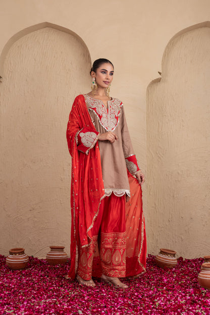 RED GOTA NECK WITH ALMOND FARSHI SALWAR SUIT SET