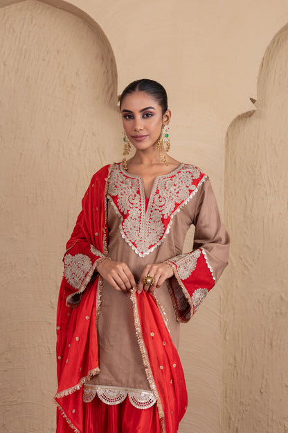 RED GOTA NECK WITH ALMOND FARSHI SALWAR SUIT SET